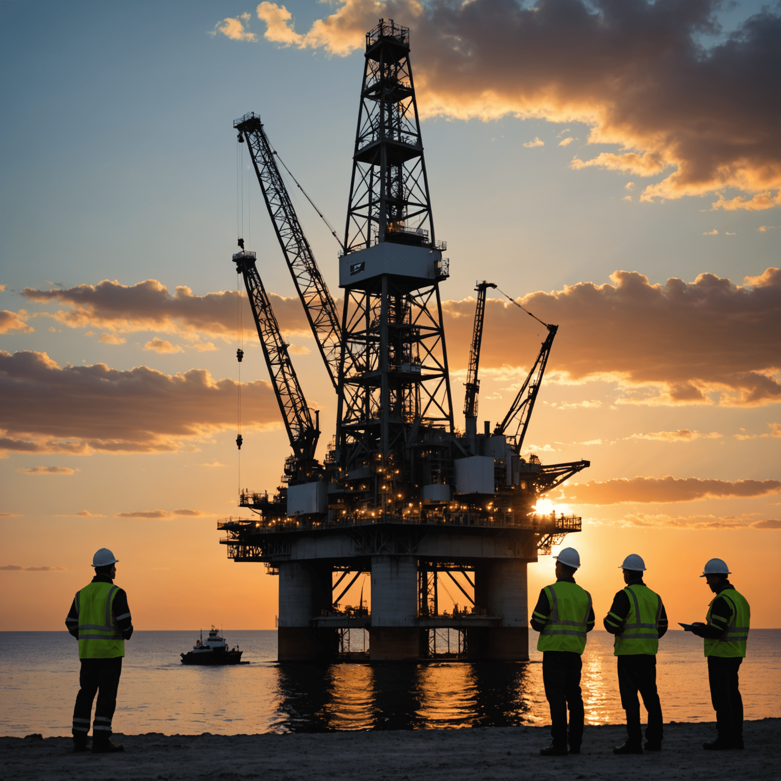 Oil rig at sunset with engineers discussing plans, symbolizing our expertise in oil and gas consulting