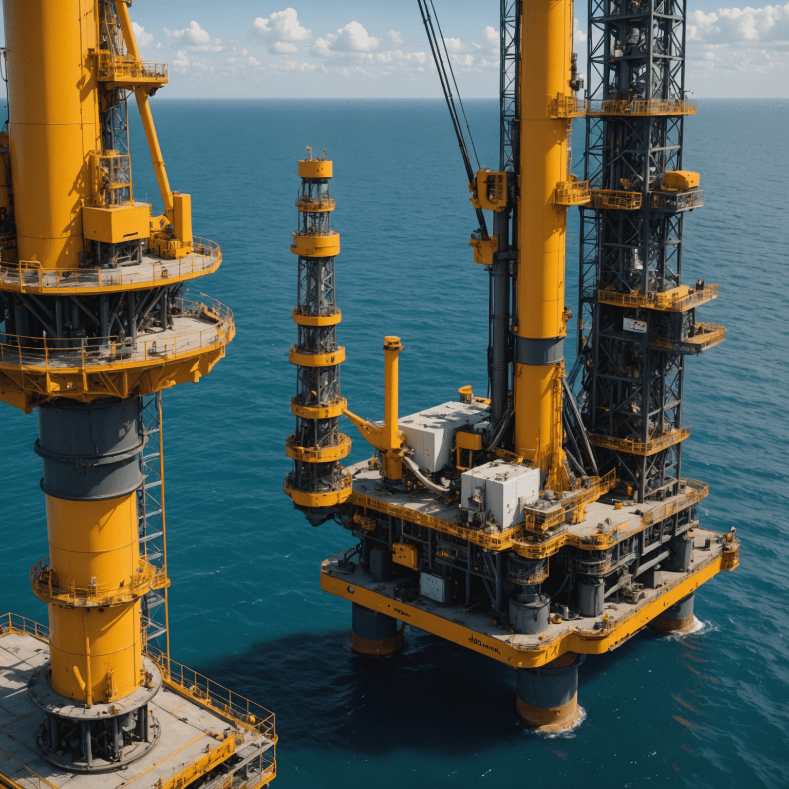 Advanced drilling technology with AI-powered systems and robotic arms operating on an offshore oil rig