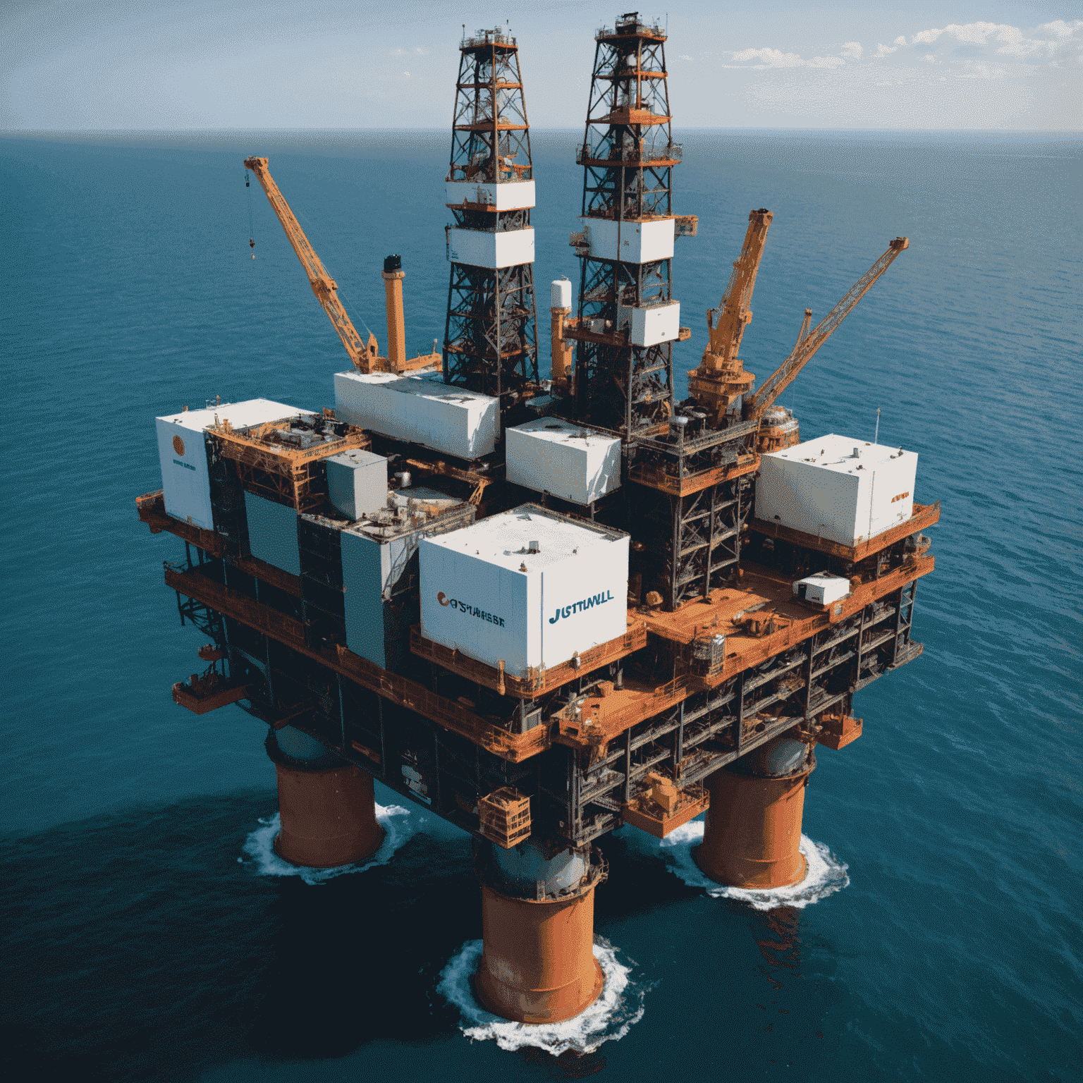 Offshore oil rig with new environmental protection equipment installed, showcasing advanced filtration systems and monitoring devices