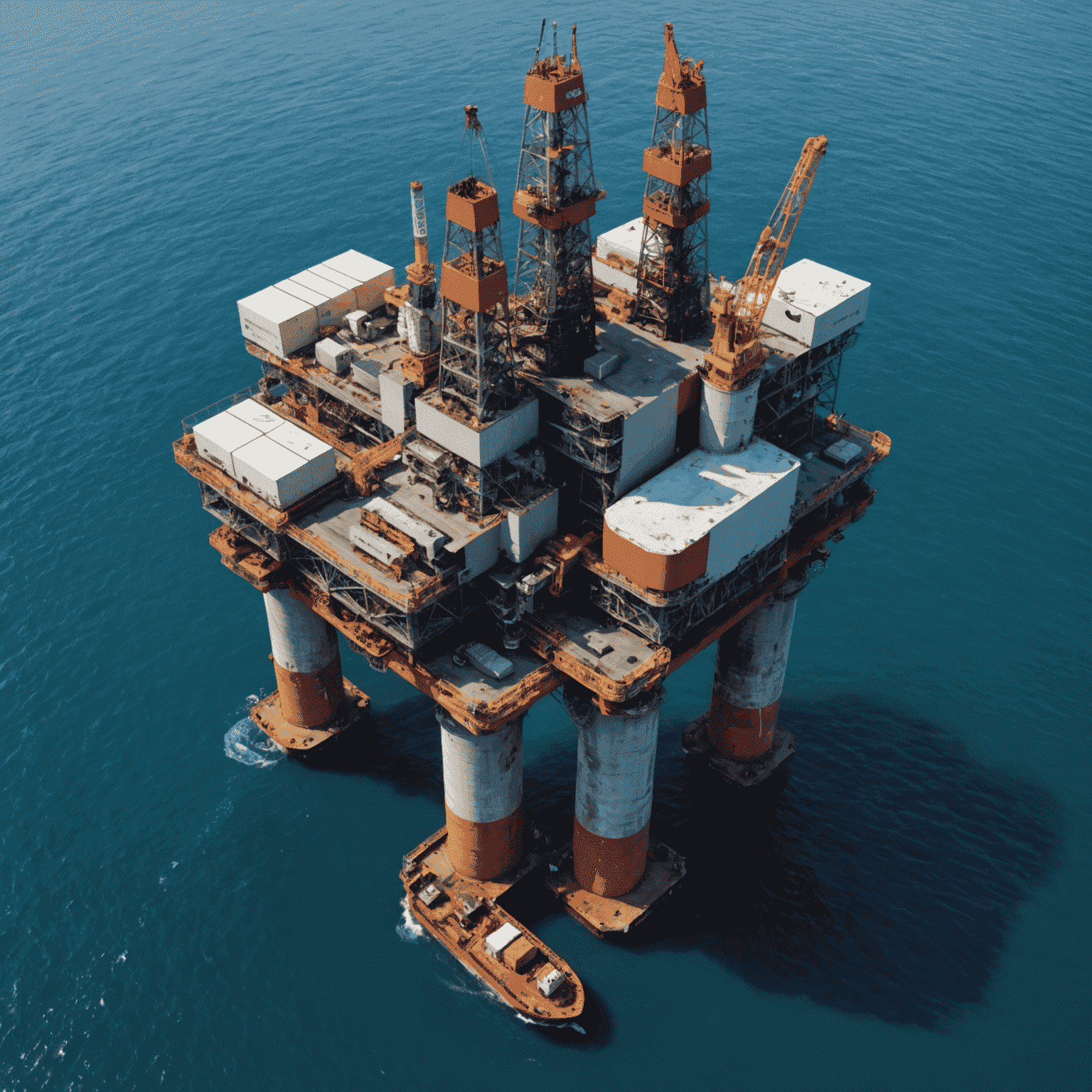 Aerial view of an offshore oil platform with advanced drilling equipment and safety systems in place