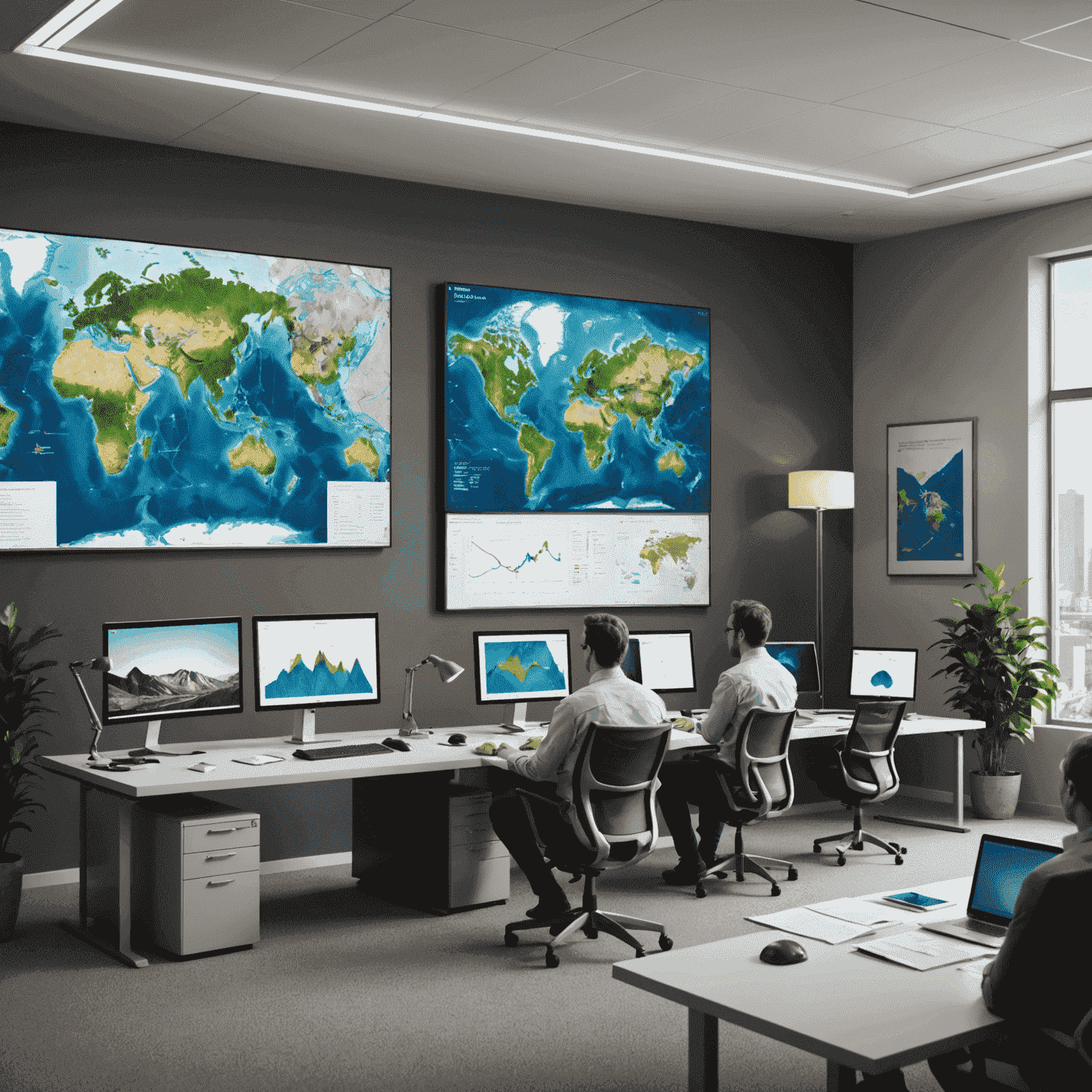 Geologists analyzing seismic data on large screens in a modern office setting, with 3D geological models and maps visible. The image conveys a sense of high-tech exploration and professional expertise in the oil and gas industry.