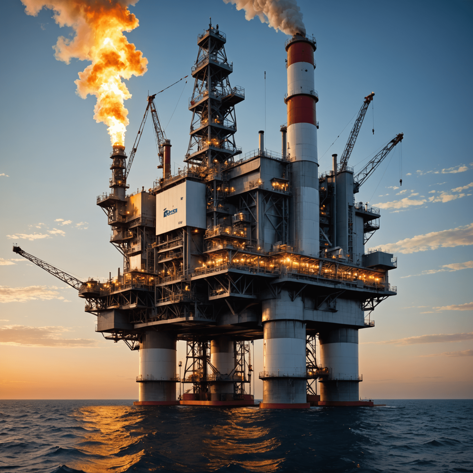 Oil rig with advanced emissions control technology, showcasing a flare gas recovery system and methane capture equipment. The image emphasizes clean operations with minimal visible emissions.