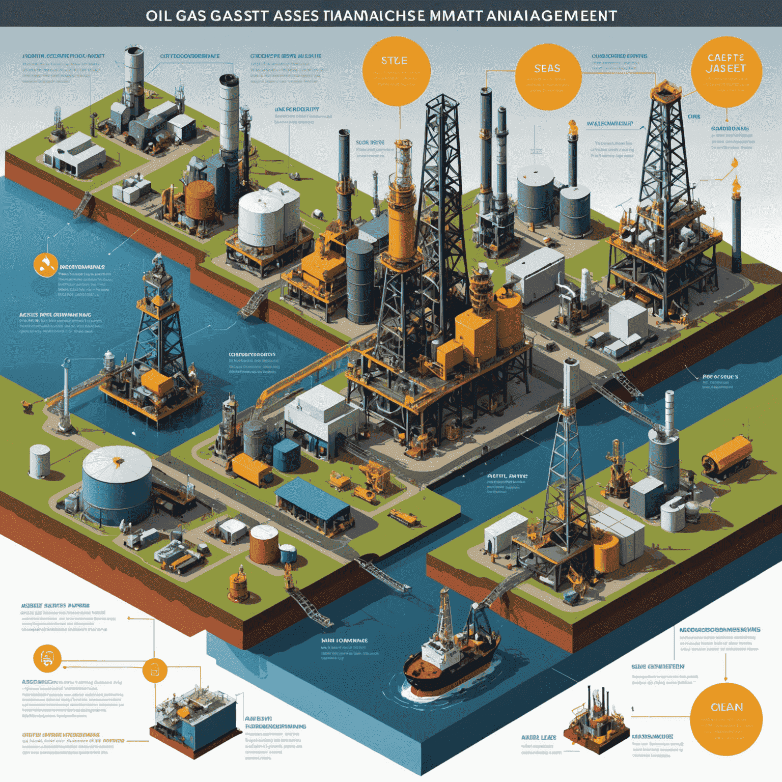 Oil and gas asset management illustration showing various stages of asset lifecycle, including production facilities, maintenance activities, and decommissioning processes