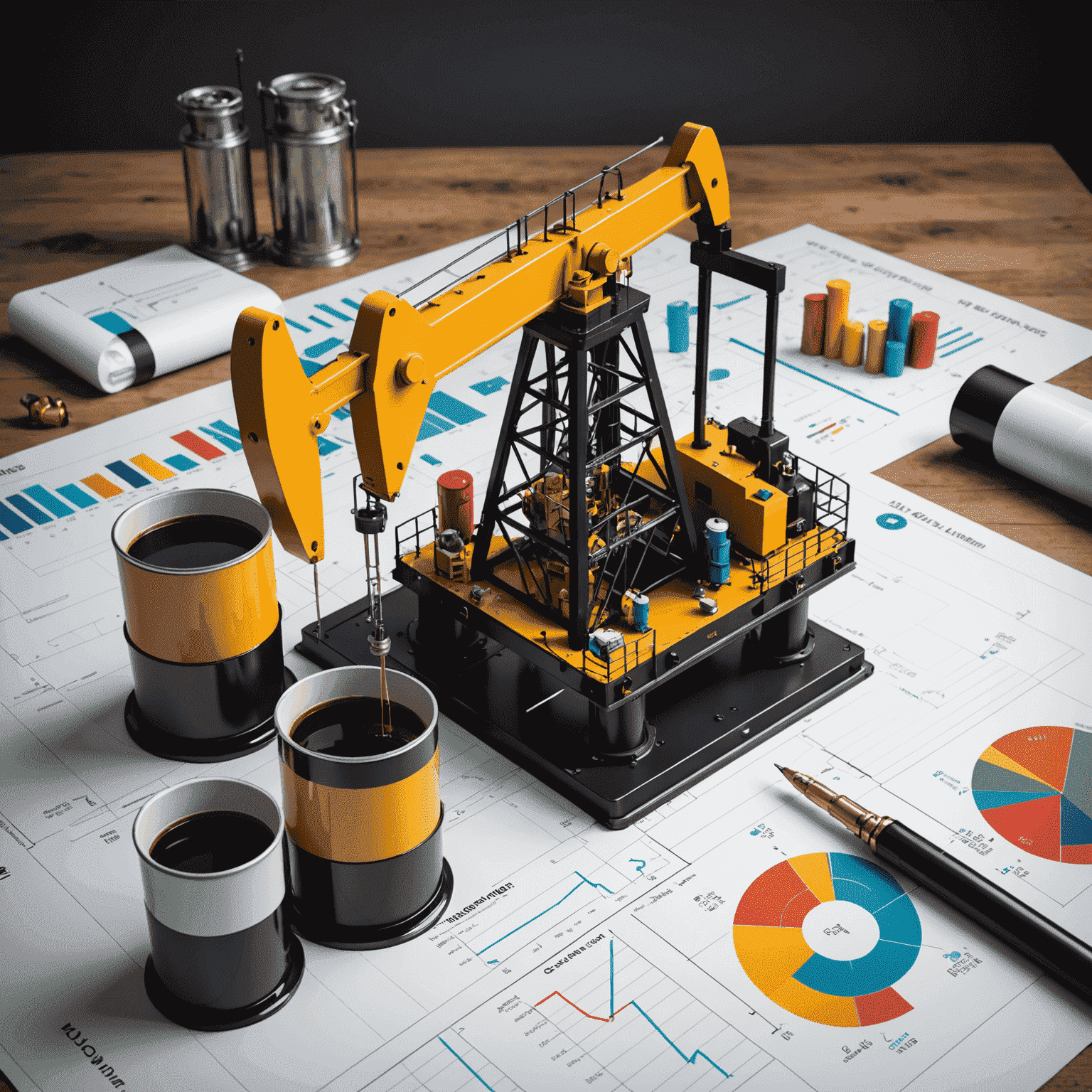 Visual representation of oil industry trends including graphs, charts, and images of modern oil extraction technology