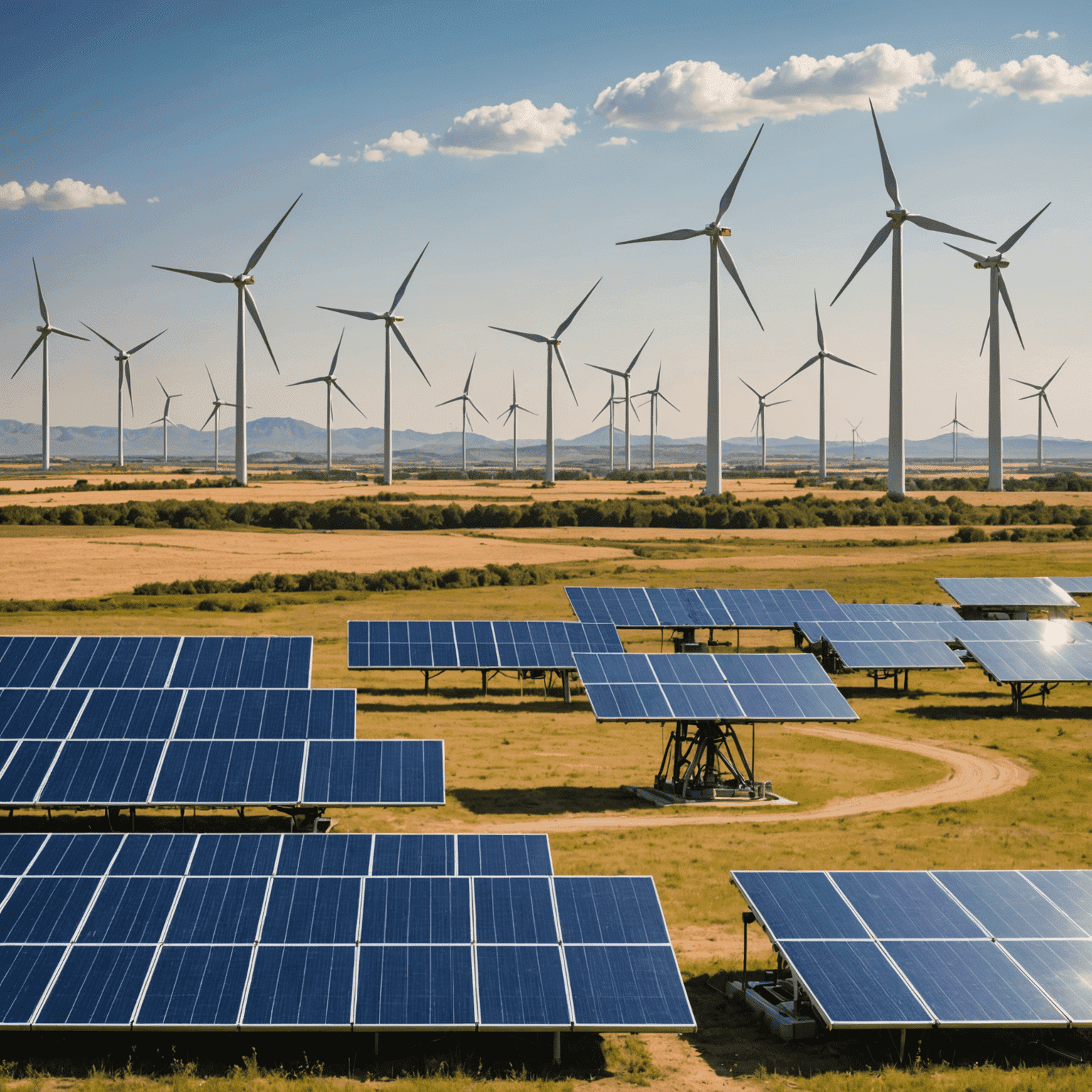 Solar panels and wind turbines adjacent to traditional oil pumps, symbolizing the industry's shift towards renewable energy integration