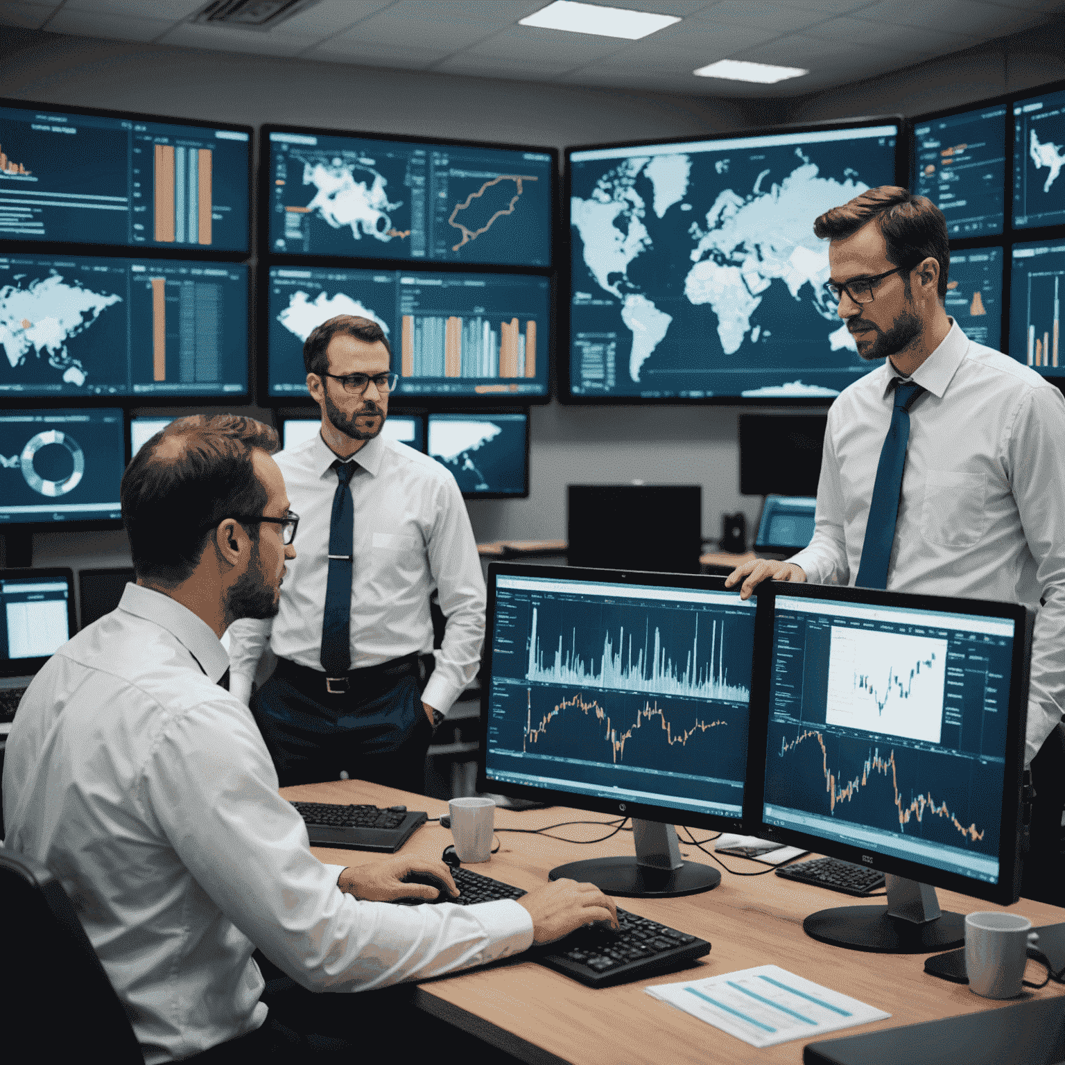 Team of oil and gas consultants analyzing drilling data on large screens and discussing optimization strategies in a modern control room