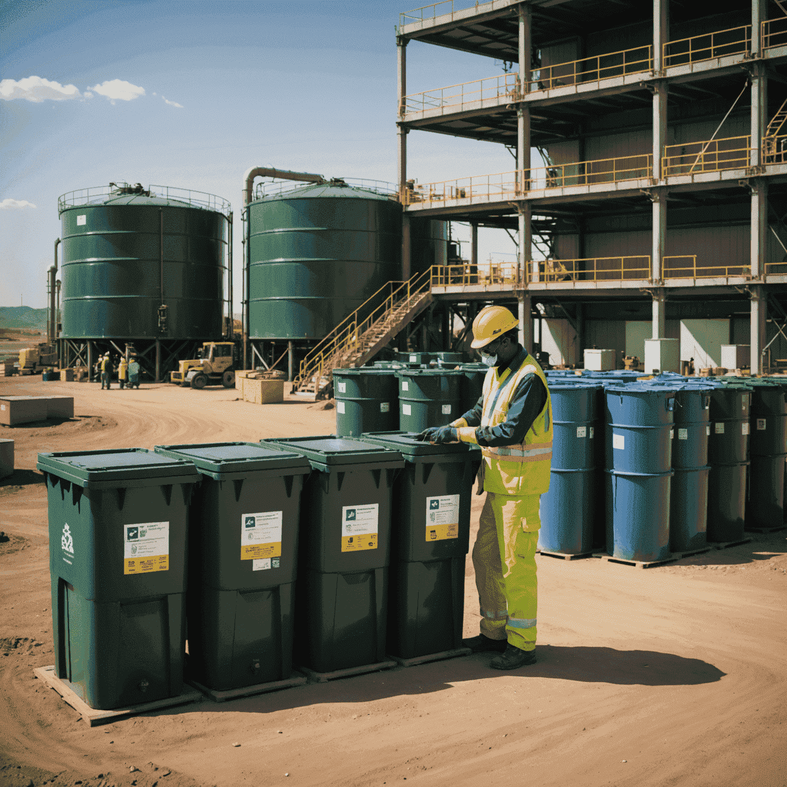 Waste management facility at an oil and gas site, featuring segregated waste containers, a water treatment plant, and workers in protective gear handling materials safely.