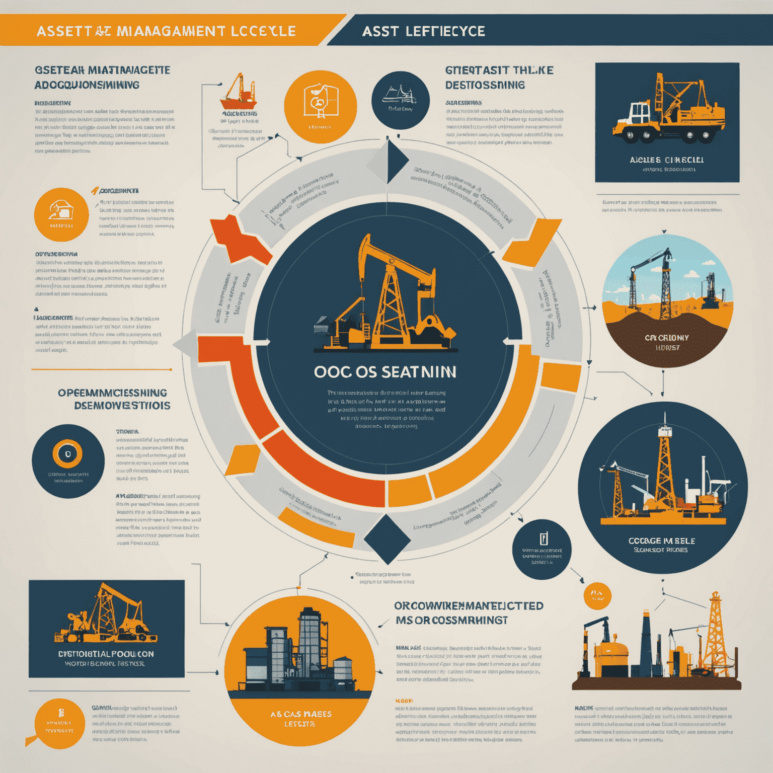 Infographic showing the asset management lifecycle in the oil and gas industry, including stages like acquisition, operation, maintenance, and decommissioning