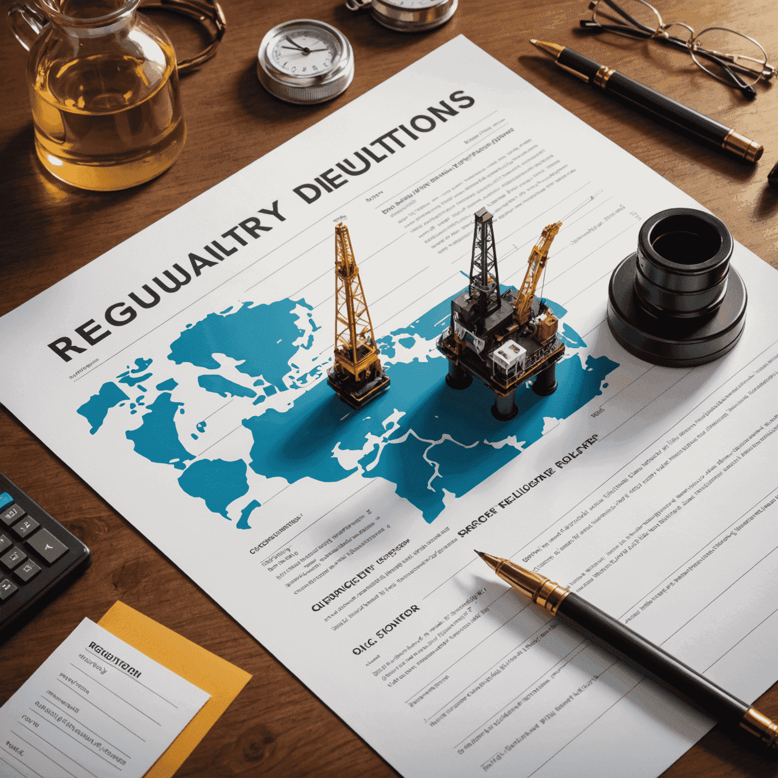 Illustration of regulatory documents, policy makers, and oil rigs symbolizing the impact of regulations on the oil and gas sector