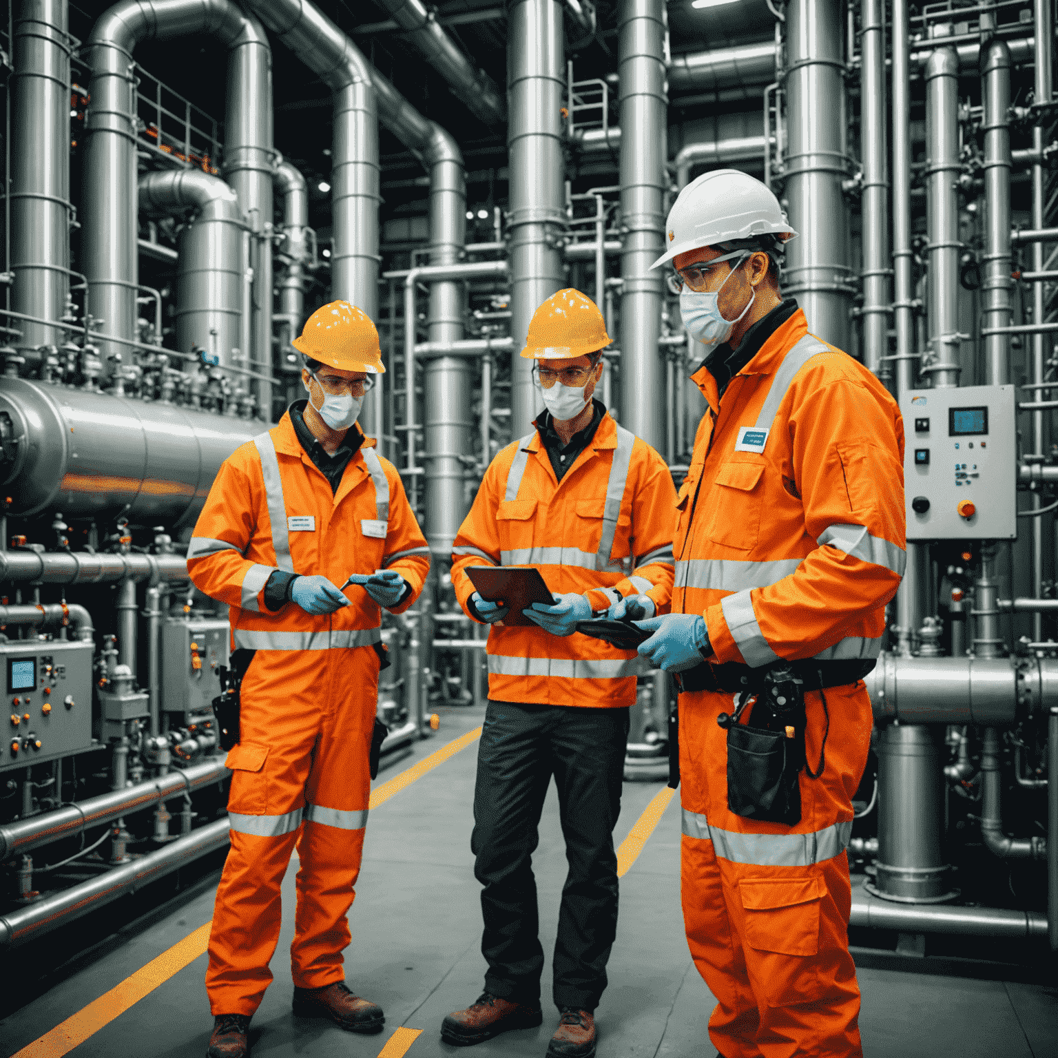 Workers in a gas processing facility wearing new high-tech safety gear, surrounded by advanced monitoring equipment and safety signage