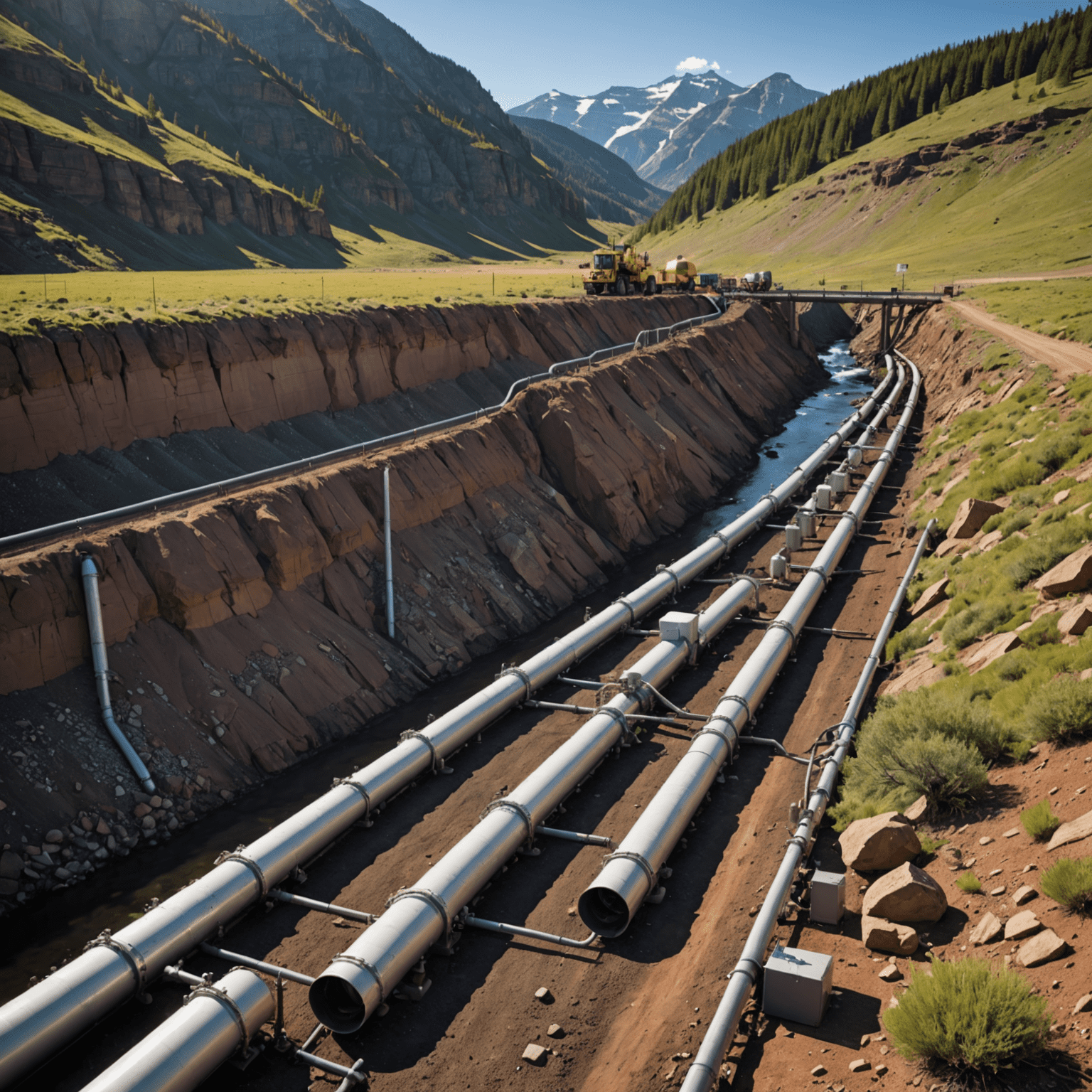 Pipeline network with advanced leak detection and monitoring systems in a rugged terrain