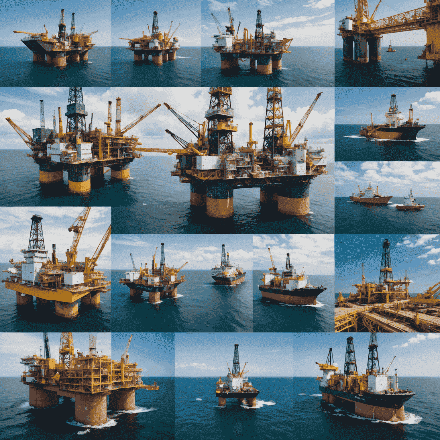 Collage of successful oil and gas projects, showing offshore platforms, land-based drilling sites, and workers collaborating on innovative solutions